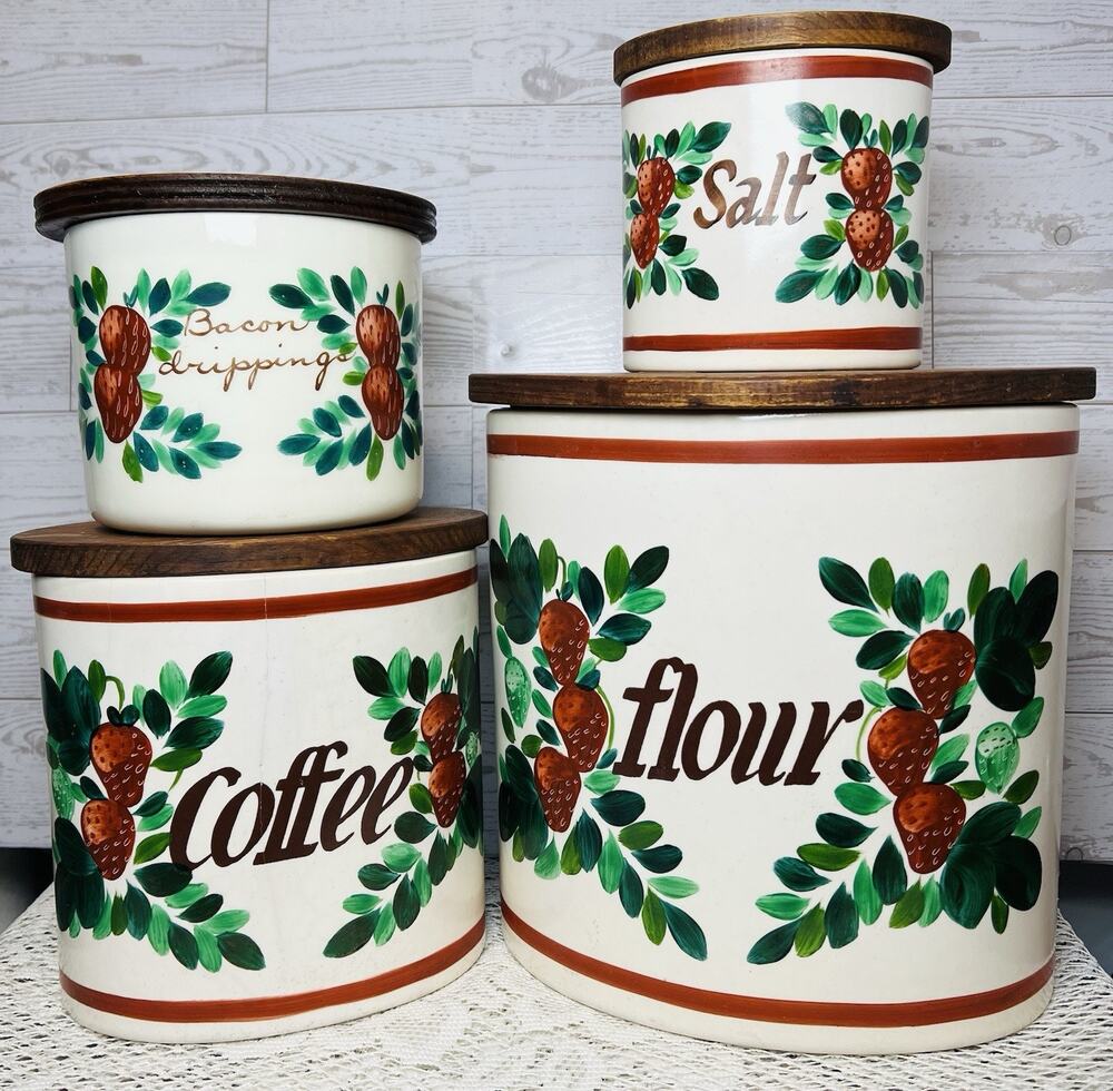 Vintage MCM Bauer USA Strawberry Pottery Canister Set Of 4, Wood Lids, Red Green